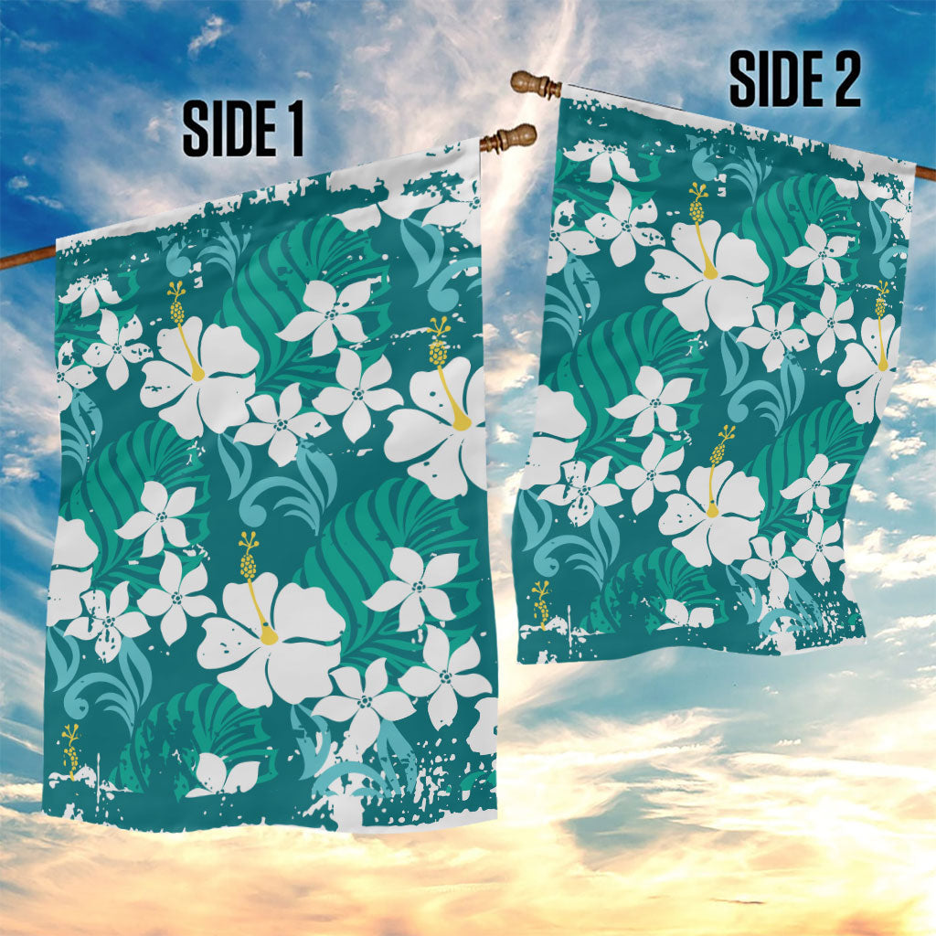 Teal Hawaiian Hibiscus Monstera Garden Flag Grunge Stylized
