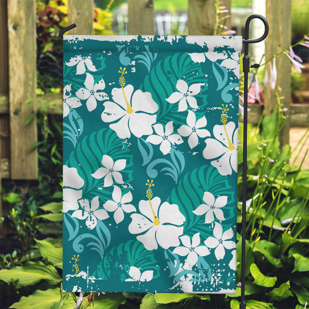 Teal Hawaiian Hibiscus Monstera Garden Flag Grunge Stylized