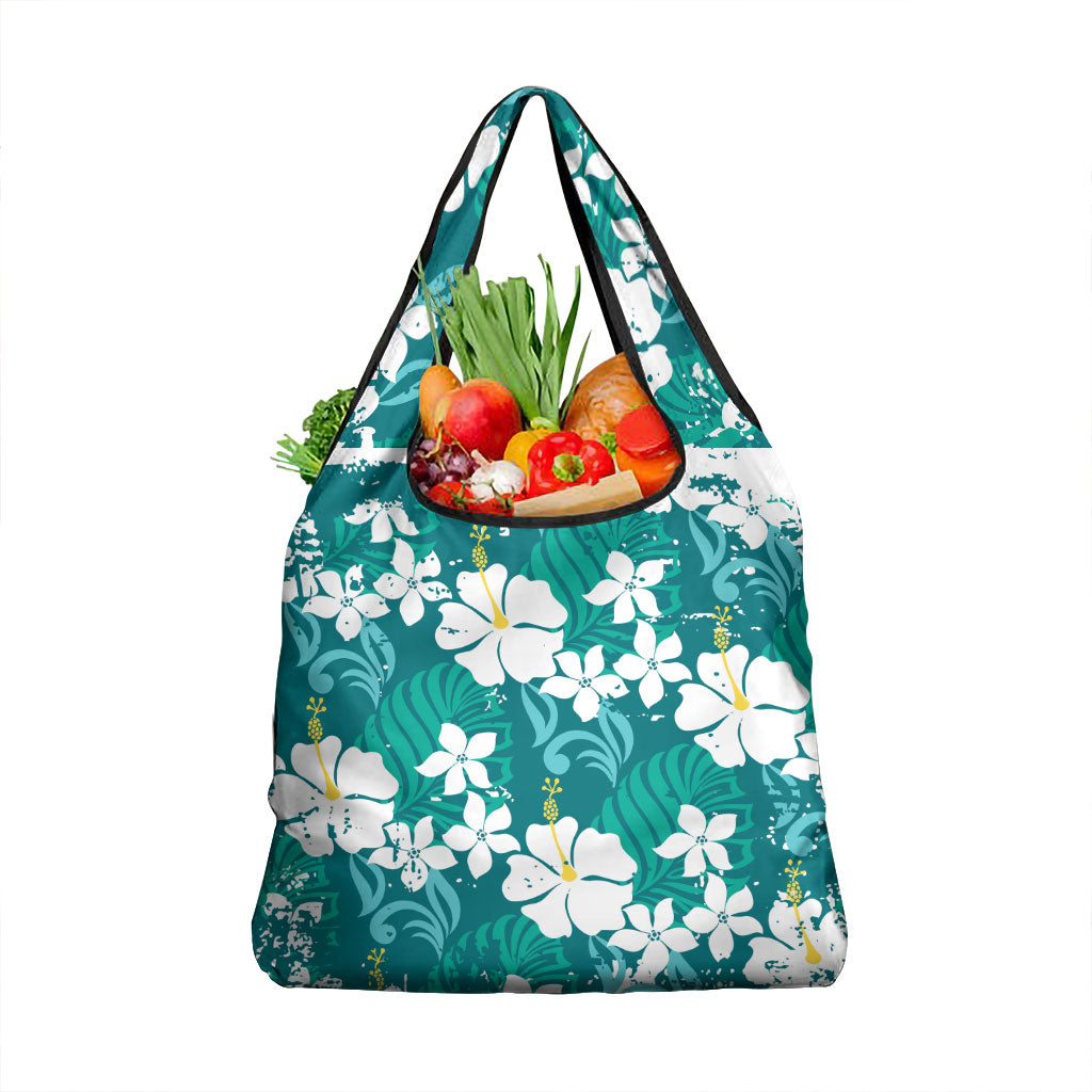 Teal Hawaiian Hibiscus Monstera Grocery Bag Grunge Stylized LT01 1-pack One Size Teal - Polynesian Pride
