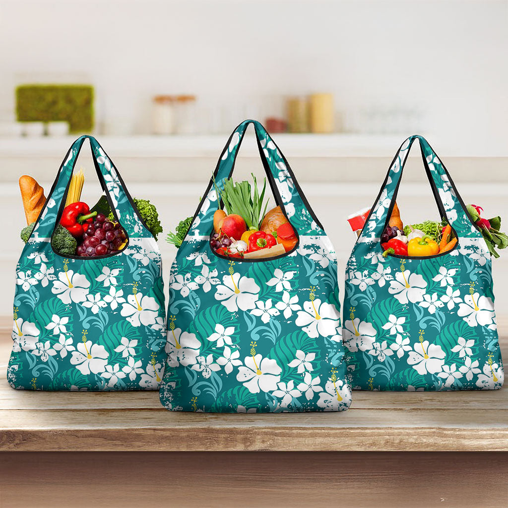 Teal Hawaiian Hibiscus Monstera Grocery Bag Grunge Stylized LT01 3-pack One Size Teal - Polynesian Pride