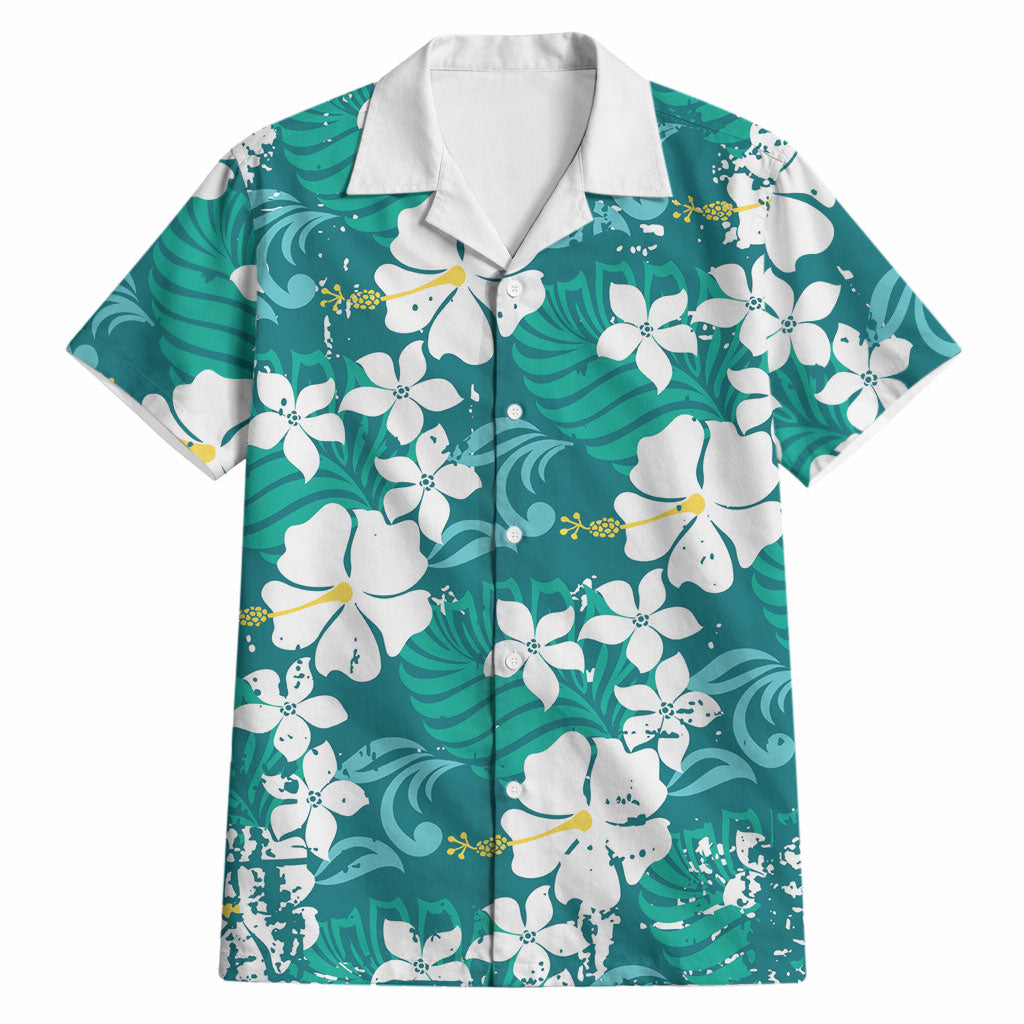 Teal Hawaiian Hibiscus Monstera Hawaiian Shirt Grunge Stylized