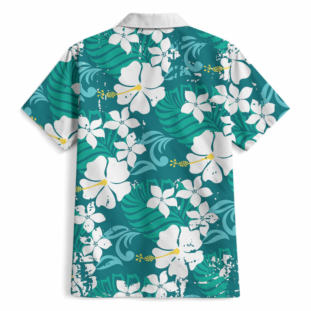 Teal Hawaiian Hibiscus Monstera Hawaiian Shirt Grunge Stylized