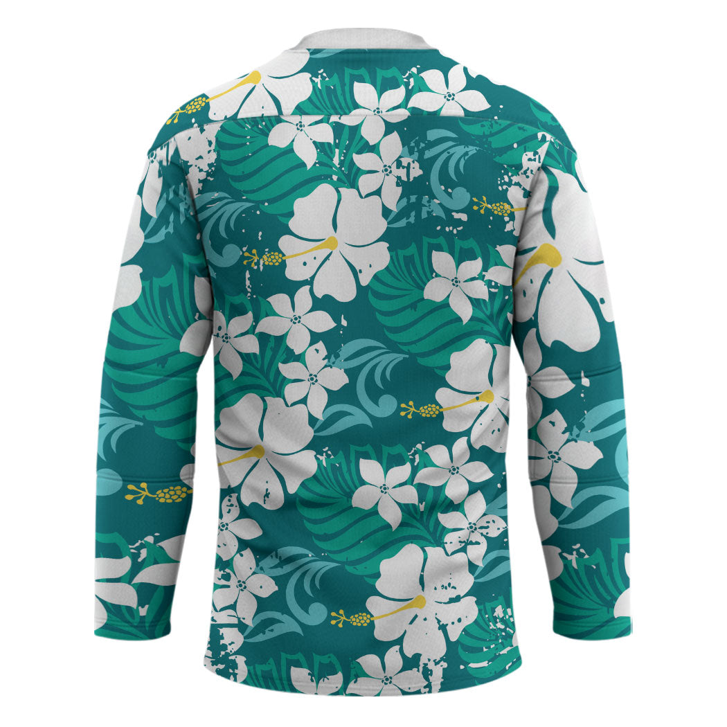 Teal Hawaiian Hibiscus Monstera Hockey Jersey Grunge Stylized LT01 - Polynesian Pride