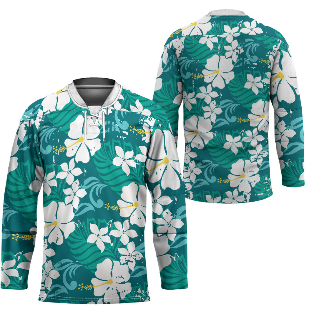 Teal Hawaiian Hibiscus Monstera Hockey Jersey Grunge Stylized LT01 - Polynesian Pride