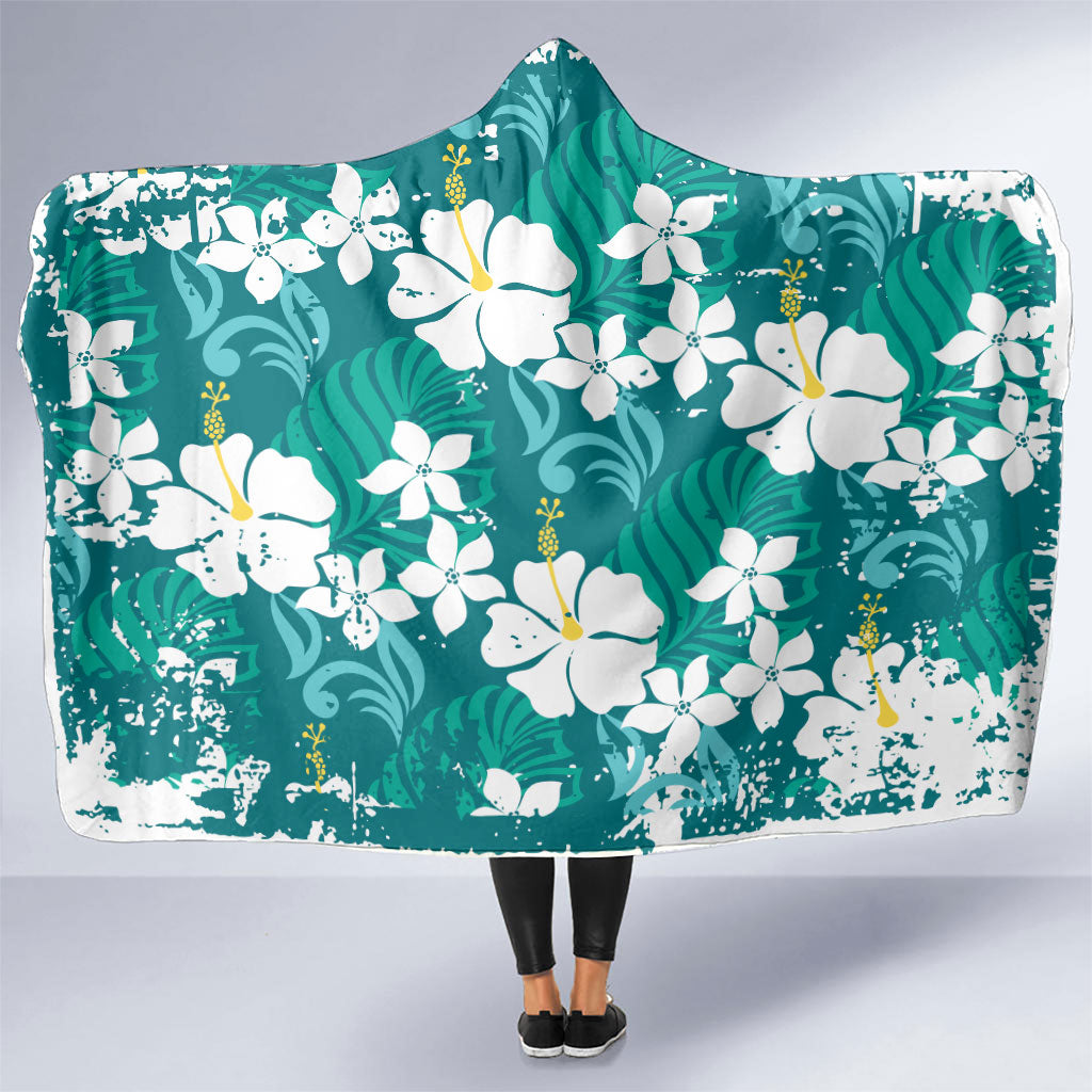 Teal Hawaiian Hibiscus Monstera Hooded Blanket Grunge Stylized LT01 One Size Teal - Polynesian Pride