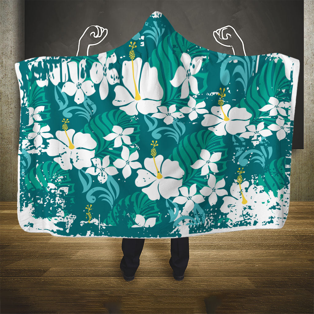 Teal Hawaiian Hibiscus Monstera Hooded Blanket Grunge Stylized LT01 - Polynesian Pride
