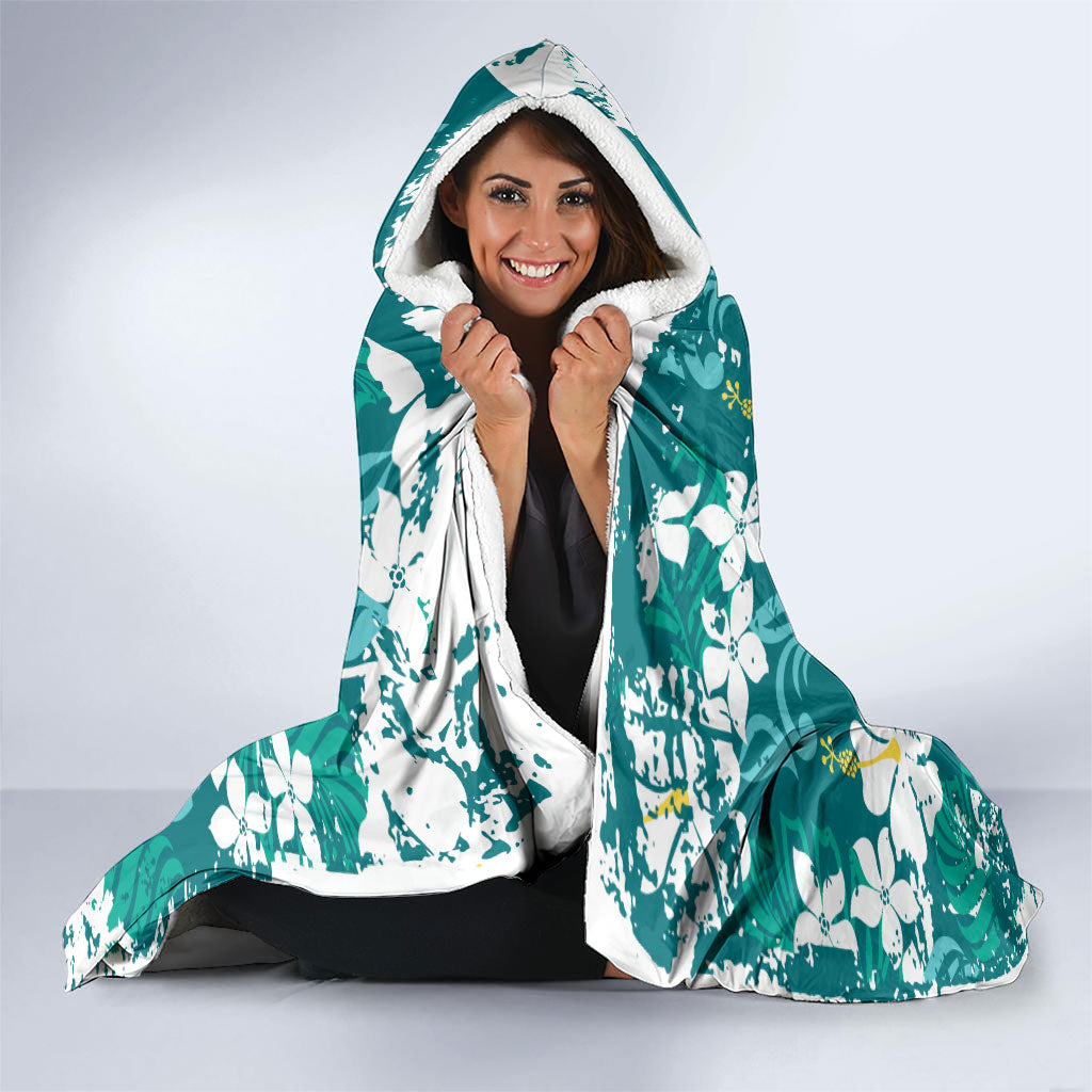 Teal Hawaiian Hibiscus Monstera Hooded Blanket Grunge Stylized LT01 - Polynesian Pride