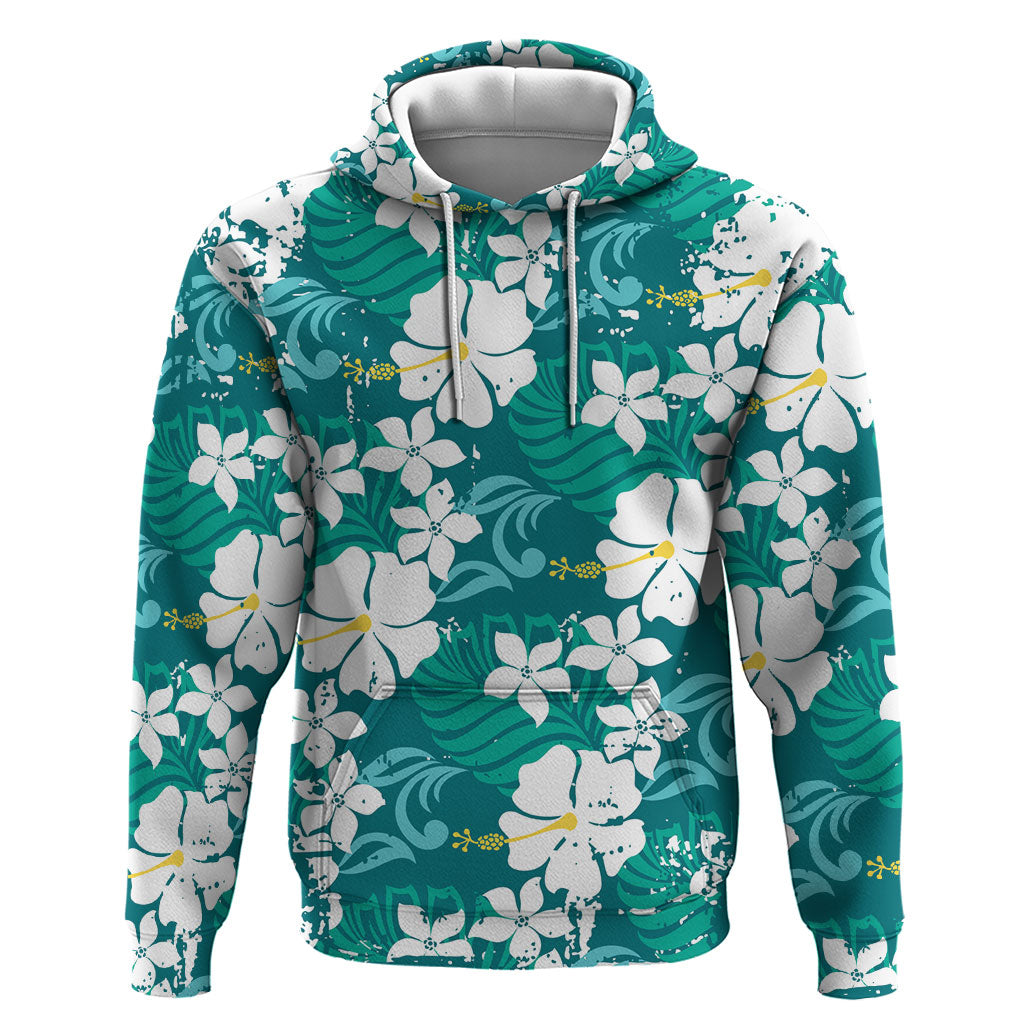 Teal Hawaiian Hibiscus Monstera Hoodie Grunge Stylized