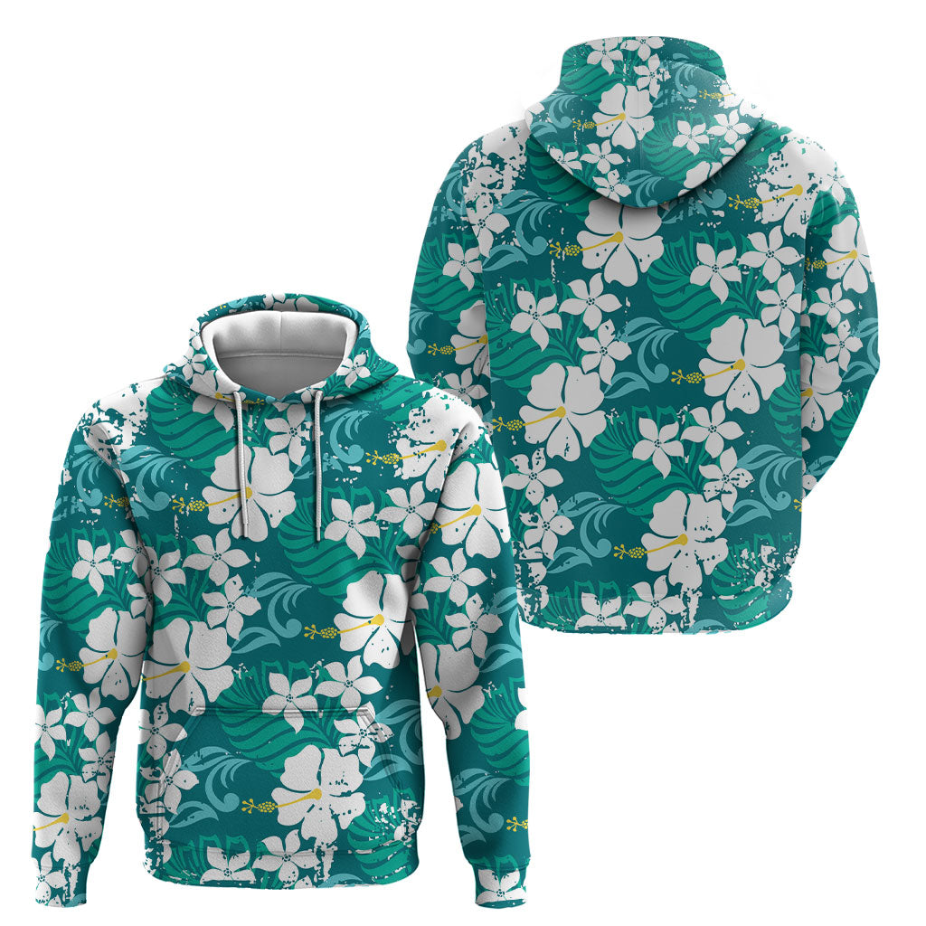 Teal Hawaiian Hibiscus Monstera Hoodie Grunge Stylized