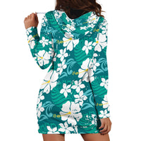 Teal Hawaiian Hibiscus Monstera Hoodie Dress Grunge Stylized