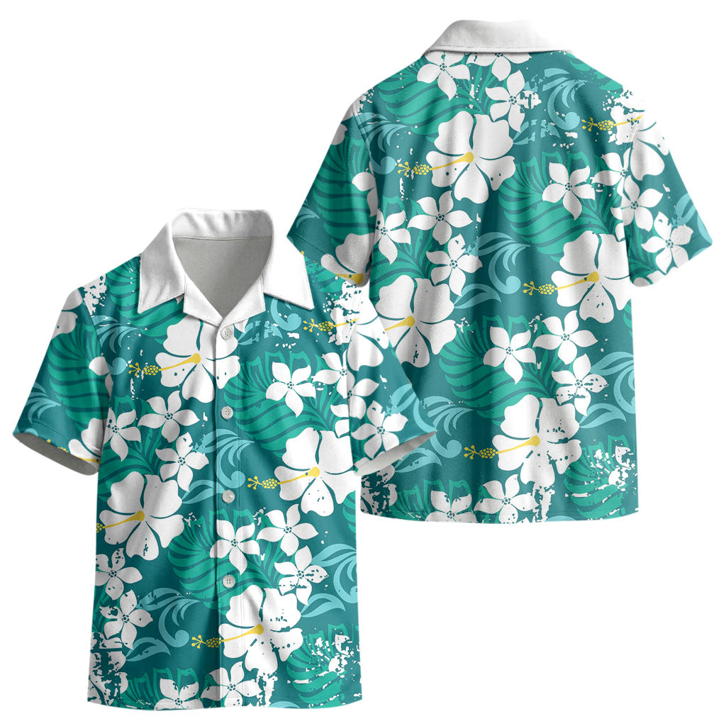 Teal Hawaiian Hibiscus Monstera Kid Hawaiian Shirt Grunge Stylized LT01 - Polynesian Pride