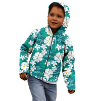 Teal Hawaiian Hibiscus Monstera Kid Hoodie Grunge Stylized