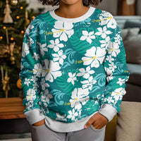 Teal Hawaiian Hibiscus Monstera Kid Ugly Christmas Sweater Grunge Stylized
