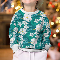 Teal Hawaiian Hibiscus Monstera Kid Ugly Christmas Sweater Grunge Stylized
