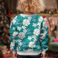 Teal Hawaiian Hibiscus Monstera Kid Ugly Christmas Sweater Grunge Stylized