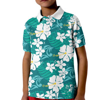 Teal Hawaiian Hibiscus Monstera Kid Polo Shirt Grunge Stylized