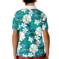 Teal Hawaiian Hibiscus Monstera Kid Polo Shirt Grunge Stylized