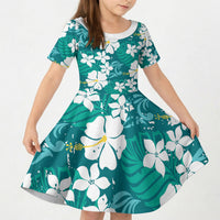 Teal Hawaiian Hibiscus Monstera Kid Short Sleeve Dress Grunge Stylized