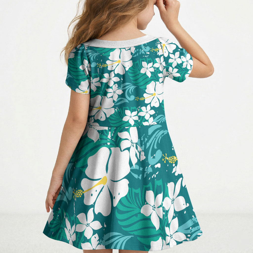 Teal Hawaiian Hibiscus Monstera Kid Short Sleeve Dress Grunge Stylized