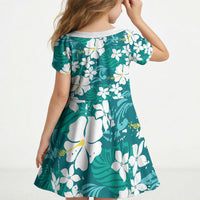 Teal Hawaiian Hibiscus Monstera Kid Short Sleeve Dress Grunge Stylized