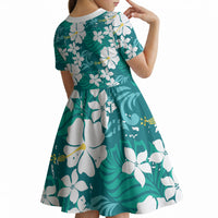Teal Hawaiian Hibiscus Monstera Kid Short Sleeve Dress Grunge Stylized