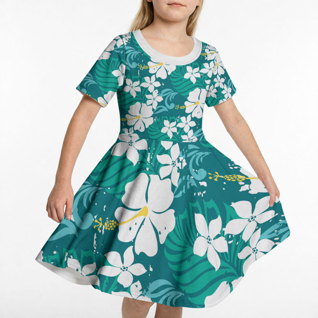 Teal Hawaiian Hibiscus Monstera Kid Short Sleeve Dress Grunge Stylized