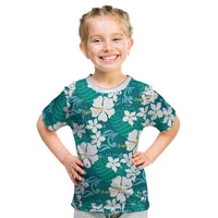 Teal Hawaiian Hibiscus Monstera Kid T Shirt Grunge Stylized LT01 Teal - Polynesian Pride