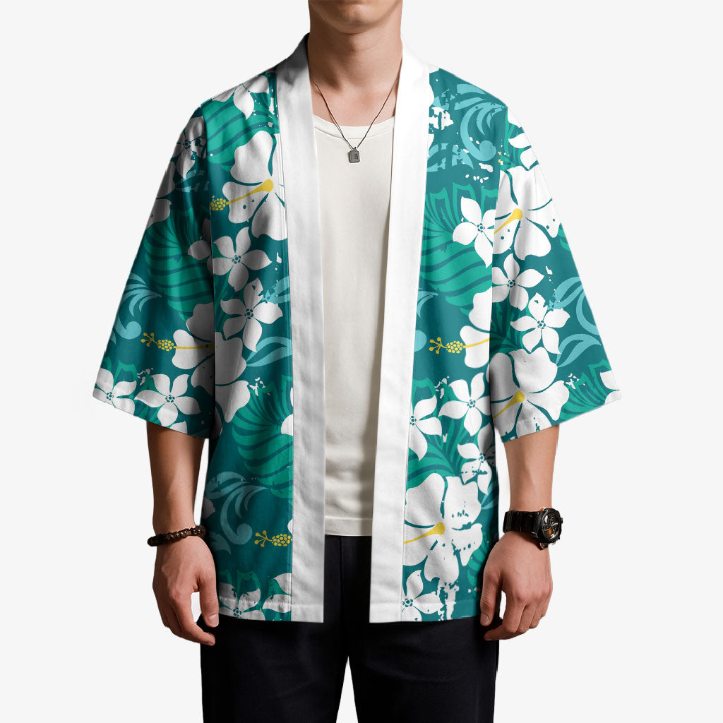 Teal Hawaiian Hibiscus Monstera Kimono Grunge Stylized LT01 - Polynesian Pride
