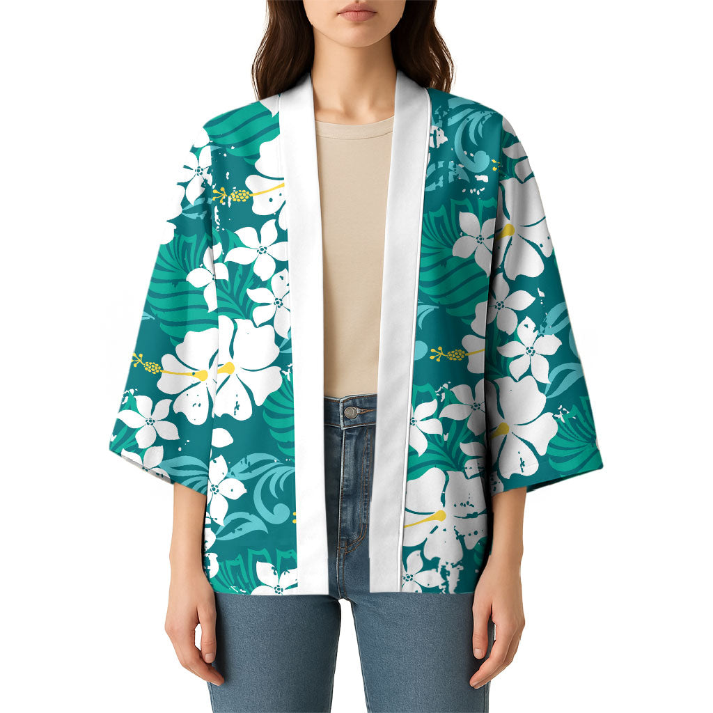 Teal Hawaiian Hibiscus Monstera Kimono Grunge Stylized LT01 - Polynesian Pride