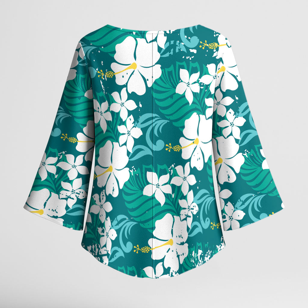 Teal Hawaiian Hibiscus Monstera Kimono Sleeve Blouse Grunge Stylized LT01 - Polynesian Pride
