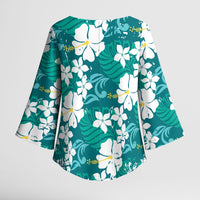 Teal Hawaiian Hibiscus Monstera Kimono Sleeve Blouse Grunge Stylized LT01 - Polynesian Pride