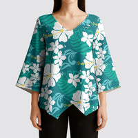 Teal Hawaiian Hibiscus Monstera Kimono Sleeve Blouse Grunge Stylized LT01 - Polynesian Pride