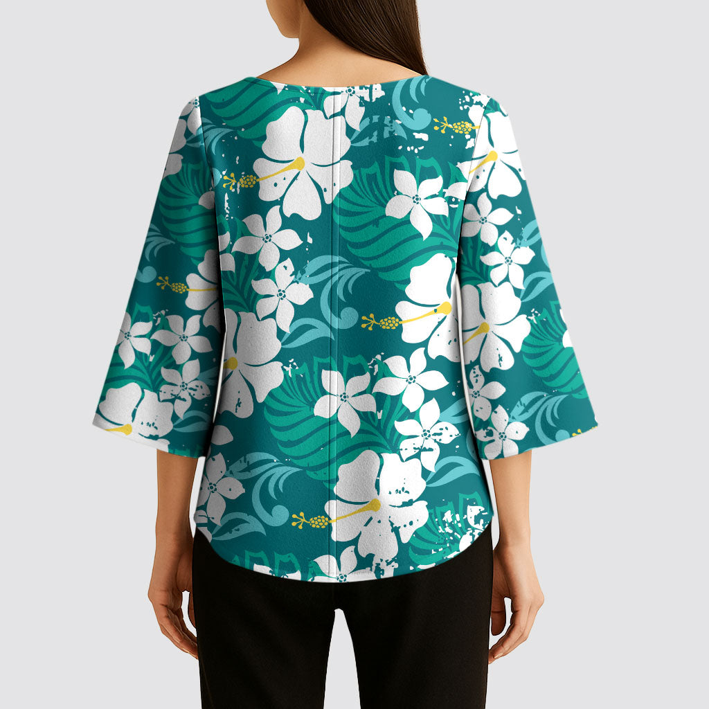 Teal Hawaiian Hibiscus Monstera Kimono Sleeve Blouse Grunge Stylized LT01 - Polynesian Pride