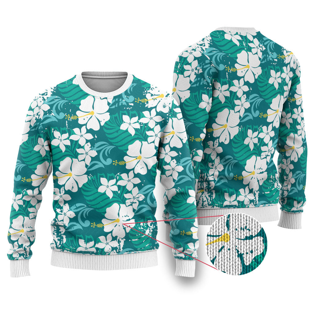 Teal Hawaiian Hibiscus Monstera Ugly Christmas Sweater Grunge Stylized