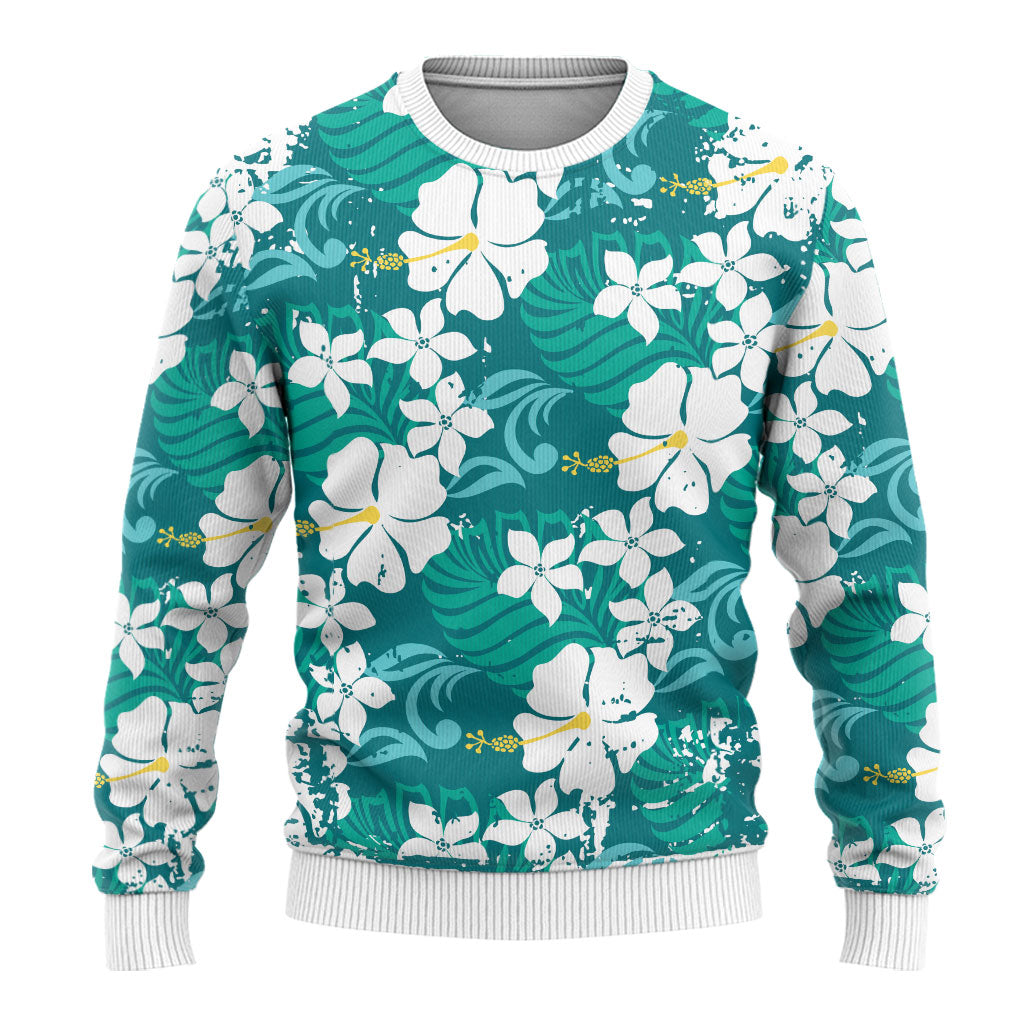 Teal Hawaiian Hibiscus Monstera Ugly Christmas Sweater Grunge Stylized