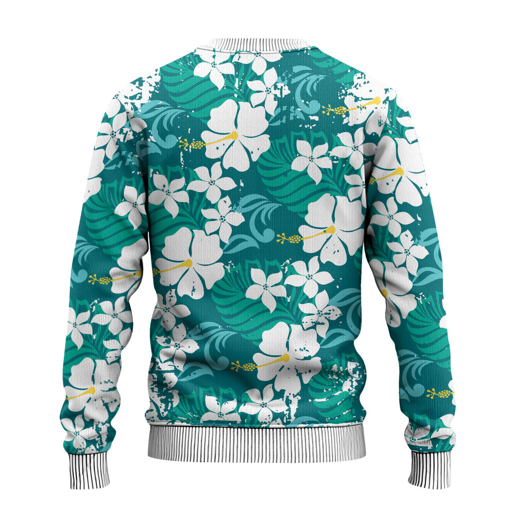Teal Hawaiian Hibiscus Monstera Ugly Christmas Sweater Grunge Stylized