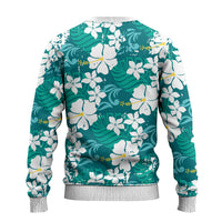 Teal Hawaiian Hibiscus Monstera Ugly Christmas Sweater Grunge Stylized