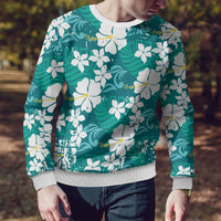 Teal Hawaiian Hibiscus Monstera Ugly Christmas Sweater Grunge Stylized