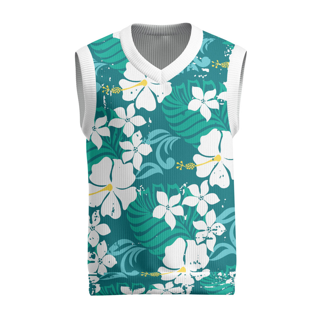 Teal Hawaiian Hibiscus Monstera Christmas Knitted V-Neck Vest Grunge Stylized LT01 Teal - Polynesian Pride