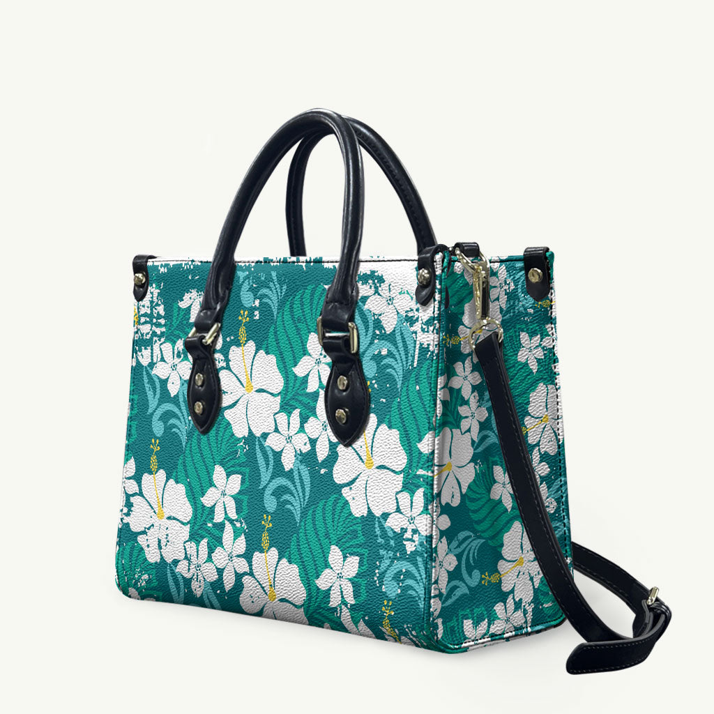 Teal Hawaiian Hibiscus Monstera Leather Bag Grunge Stylized LT01 Teal - Polynesian Pride