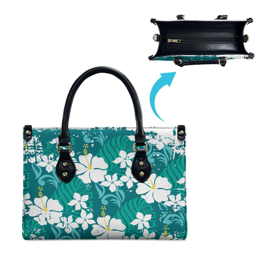 Teal Hawaiian Hibiscus Monstera Leather Bag Grunge Stylized LT01 - Polynesian Pride