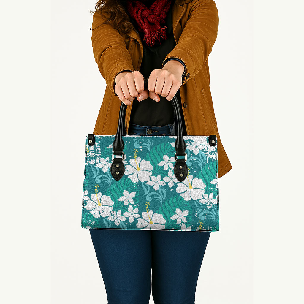 Teal Hawaiian Hibiscus Monstera Leather Bag Grunge Stylized LT01 - Polynesian Pride