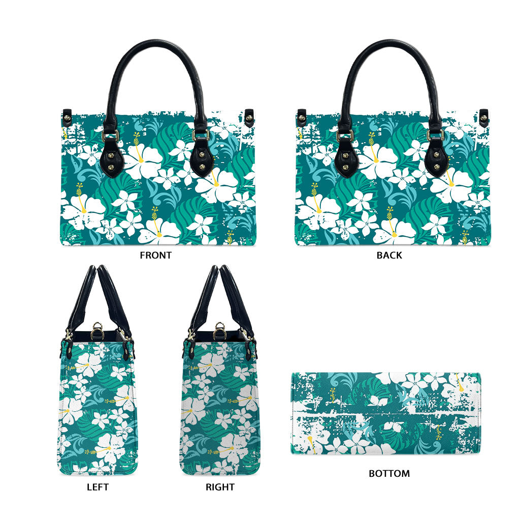 Teal Hawaiian Hibiscus Monstera Leather Bag Grunge Stylized LT01 - Polynesian Pride