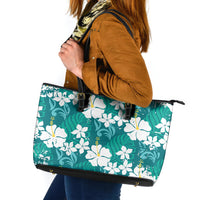 Teal Hawaiian Hibiscus Monstera Leather Tote Bag Grunge Stylized