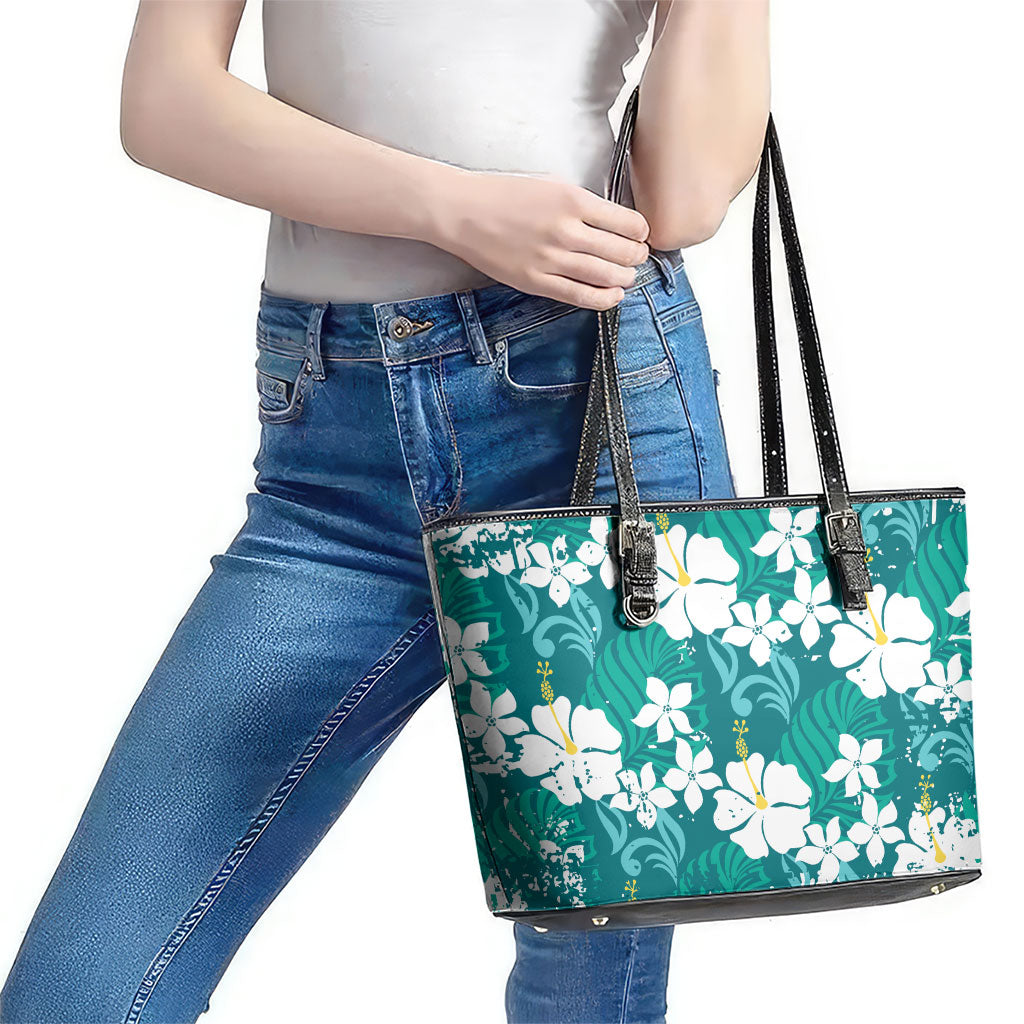 Teal Hawaiian Hibiscus Monstera Leather Tote Bag Grunge Stylized