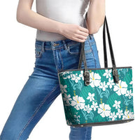 Teal Hawaiian Hibiscus Monstera Leather Tote Bag Grunge Stylized