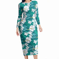 Teal Hawaiian Hibiscus Monstera Long Sleeve Bodycon Dress Grunge Stylized