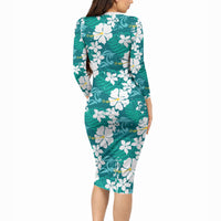 Teal Hawaiian Hibiscus Monstera Long Sleeve Bodycon Dress Grunge Stylized