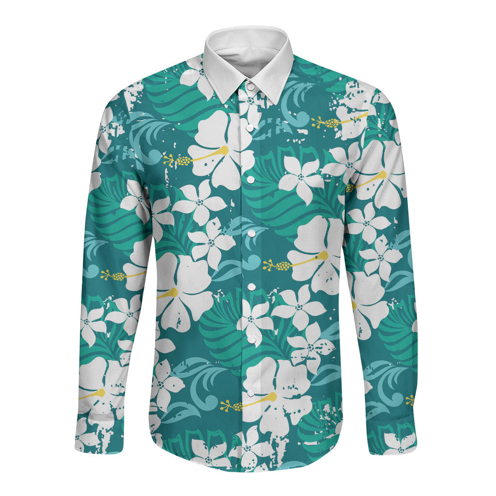 Teal Hawaiian Hibiscus Monstera Long Sleeve Button Shirt Grunge Stylized