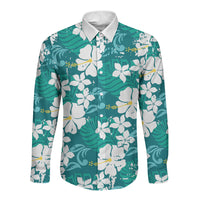 Teal Hawaiian Hibiscus Monstera Long Sleeve Button Shirt Grunge Stylized
